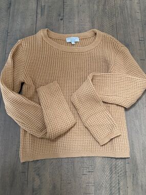 Women's Tan Waffle-Knit Crewneck Sweater